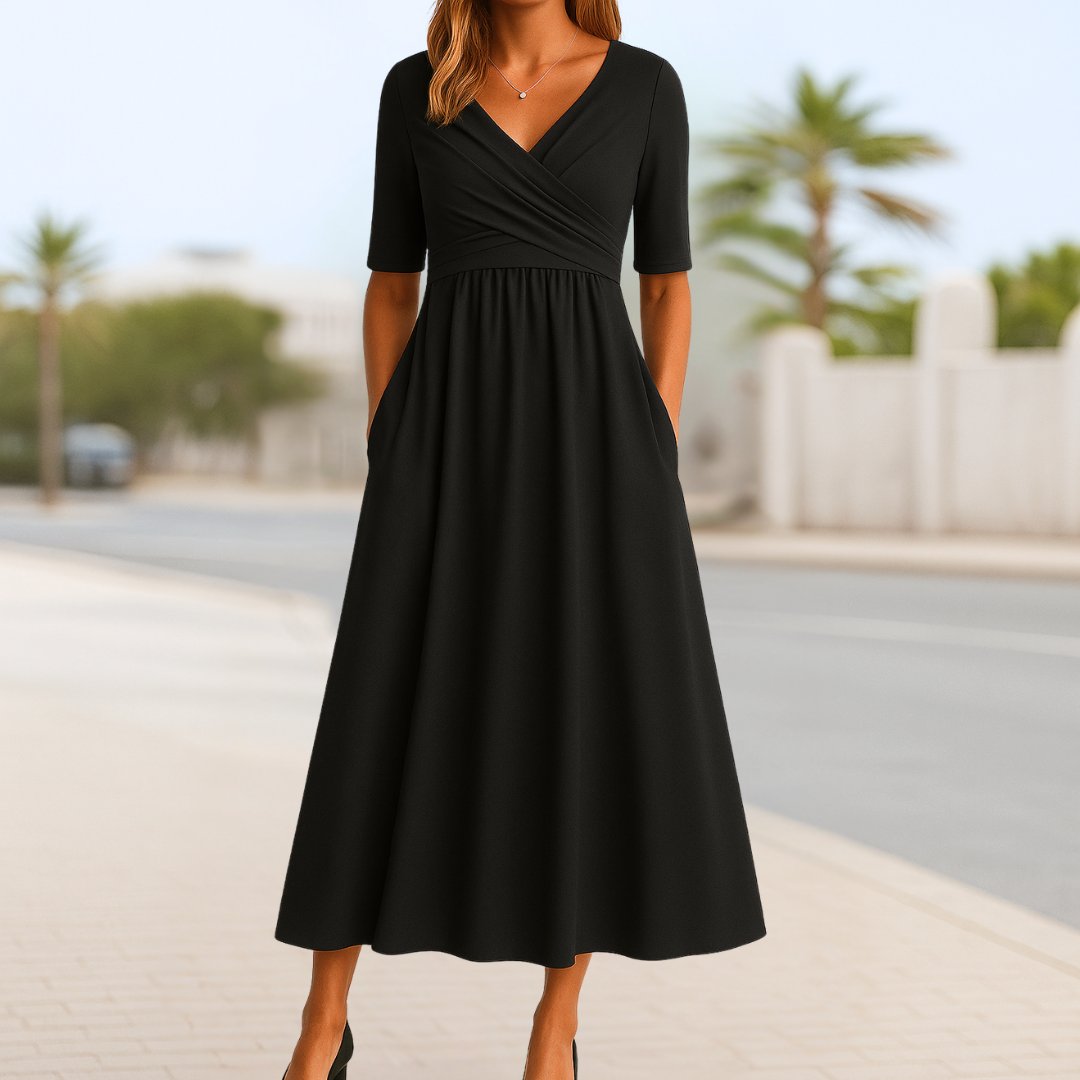 Women's Crossover V-Neck A-Line Midi Dress Side Pockets - Black