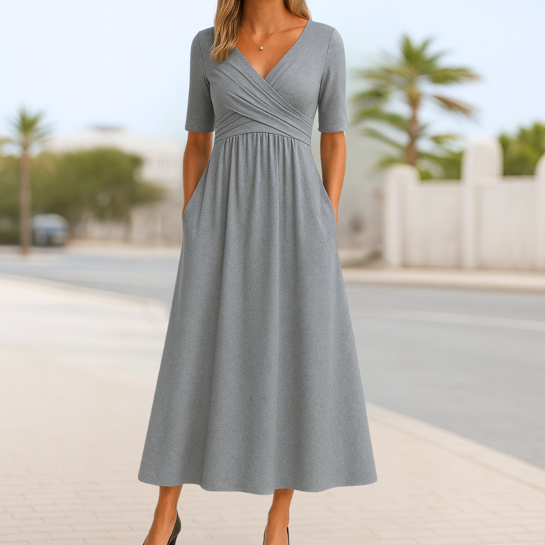 Women's Crossover V-Neck A-Line Midi Dress Side Pockets - Gray
