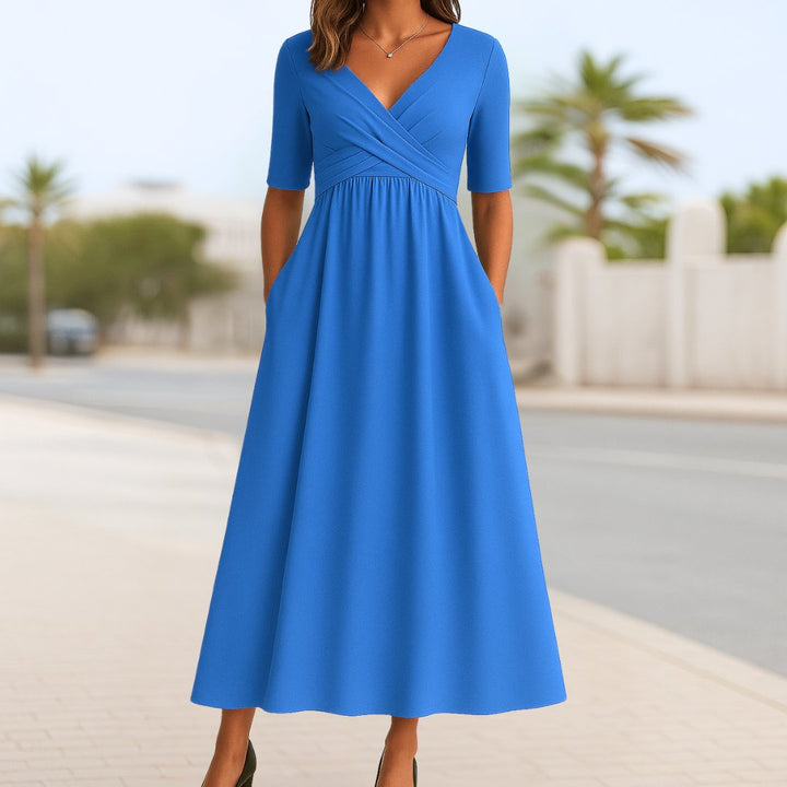 Women's Crossover V-Neck A-Line Midi Dress Side Pockets - Light Blue