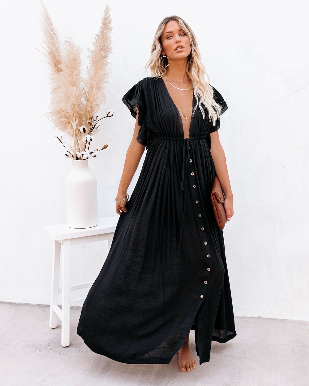 Women's Deep V-Neck Button-Front Flutter-Sleeve Maxi Dress - Black