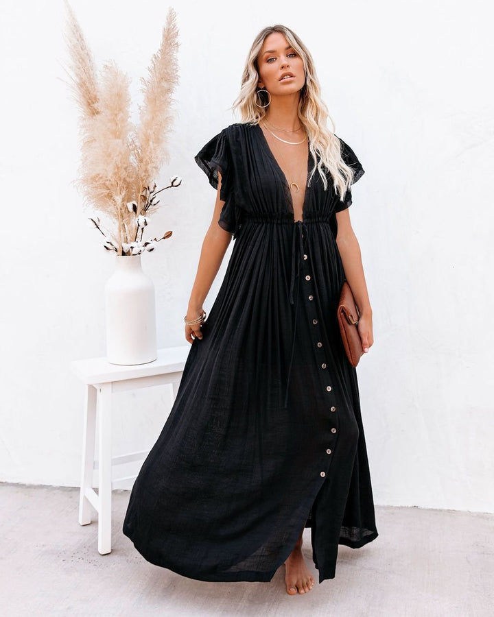 Women's Deep V-Neck Button-Front Flutter-Sleeve Maxi Dress - Black