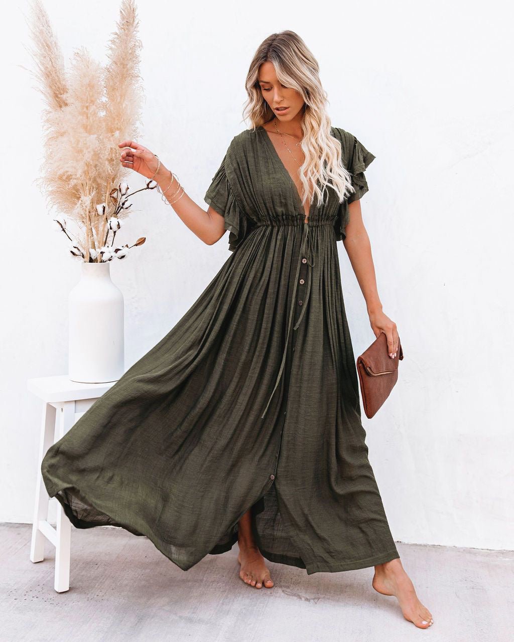 Women's Deep V-Neck Button-Front Flutter-Sleeve Maxi Dress - Army Green