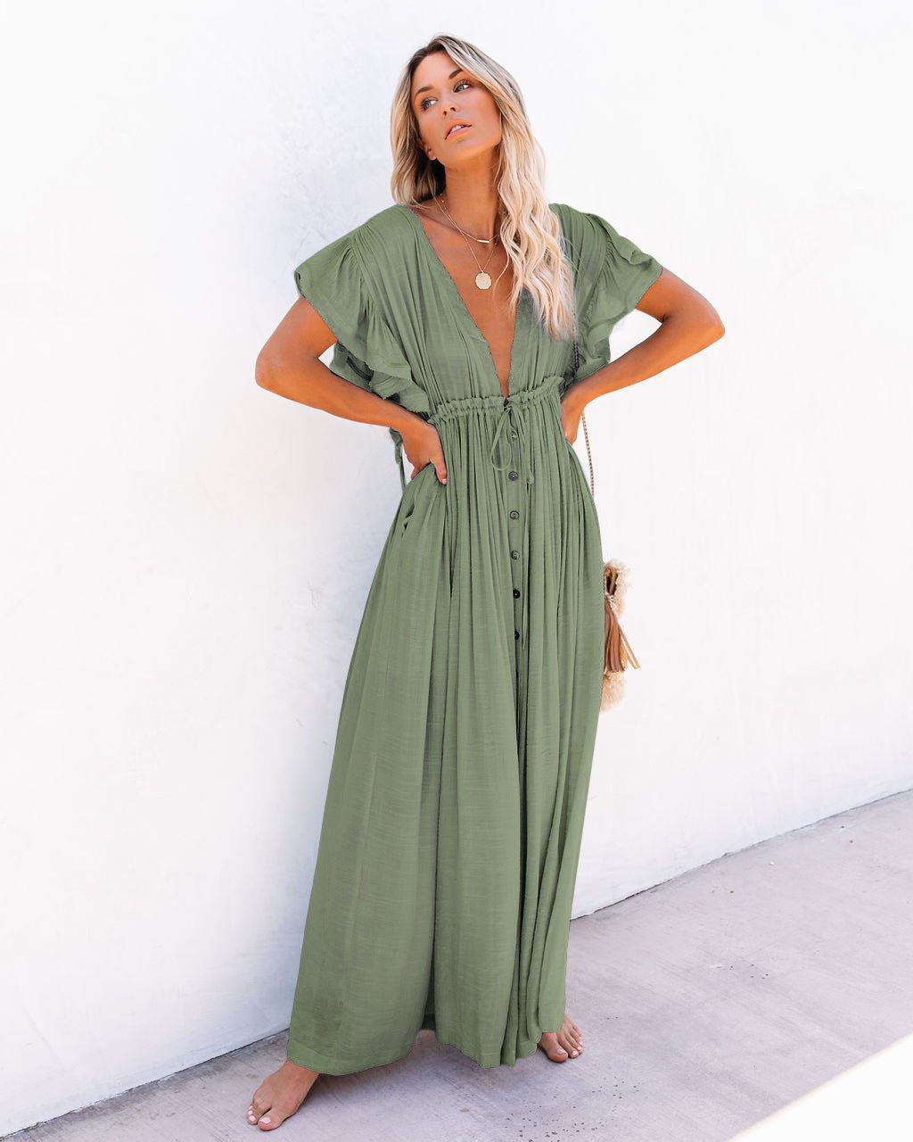 Women's Deep V-Neck Button-Front Flutter-Sleeve Maxi Dress - Light Green