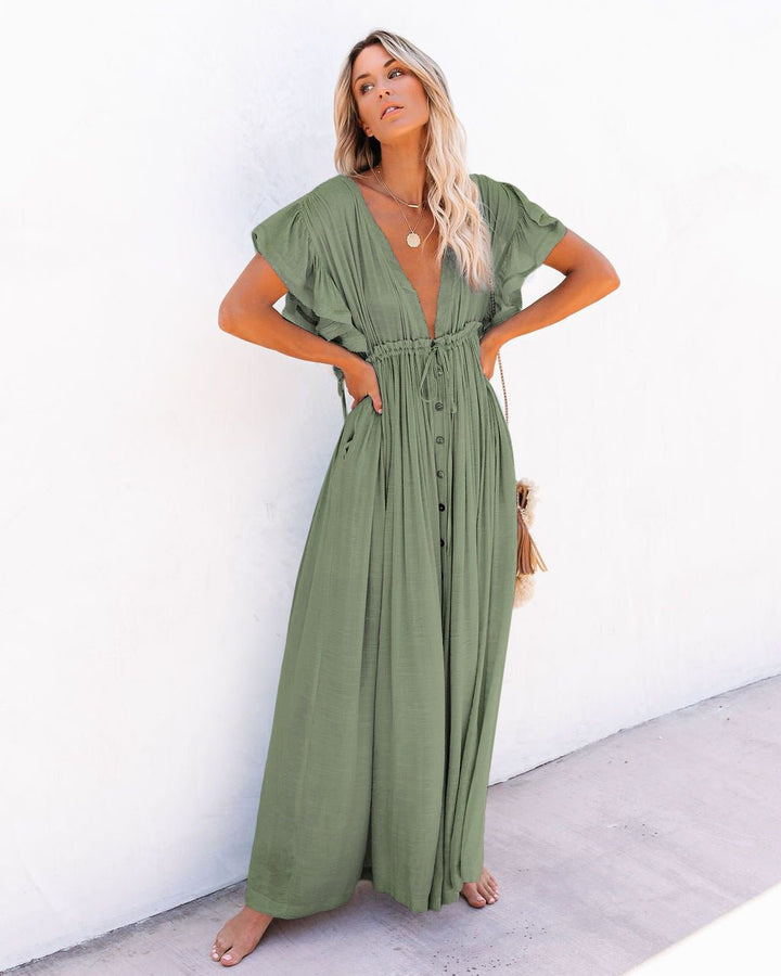 Women's Deep V-Neck Button-Front Flutter-Sleeve Maxi Dress - Light Green