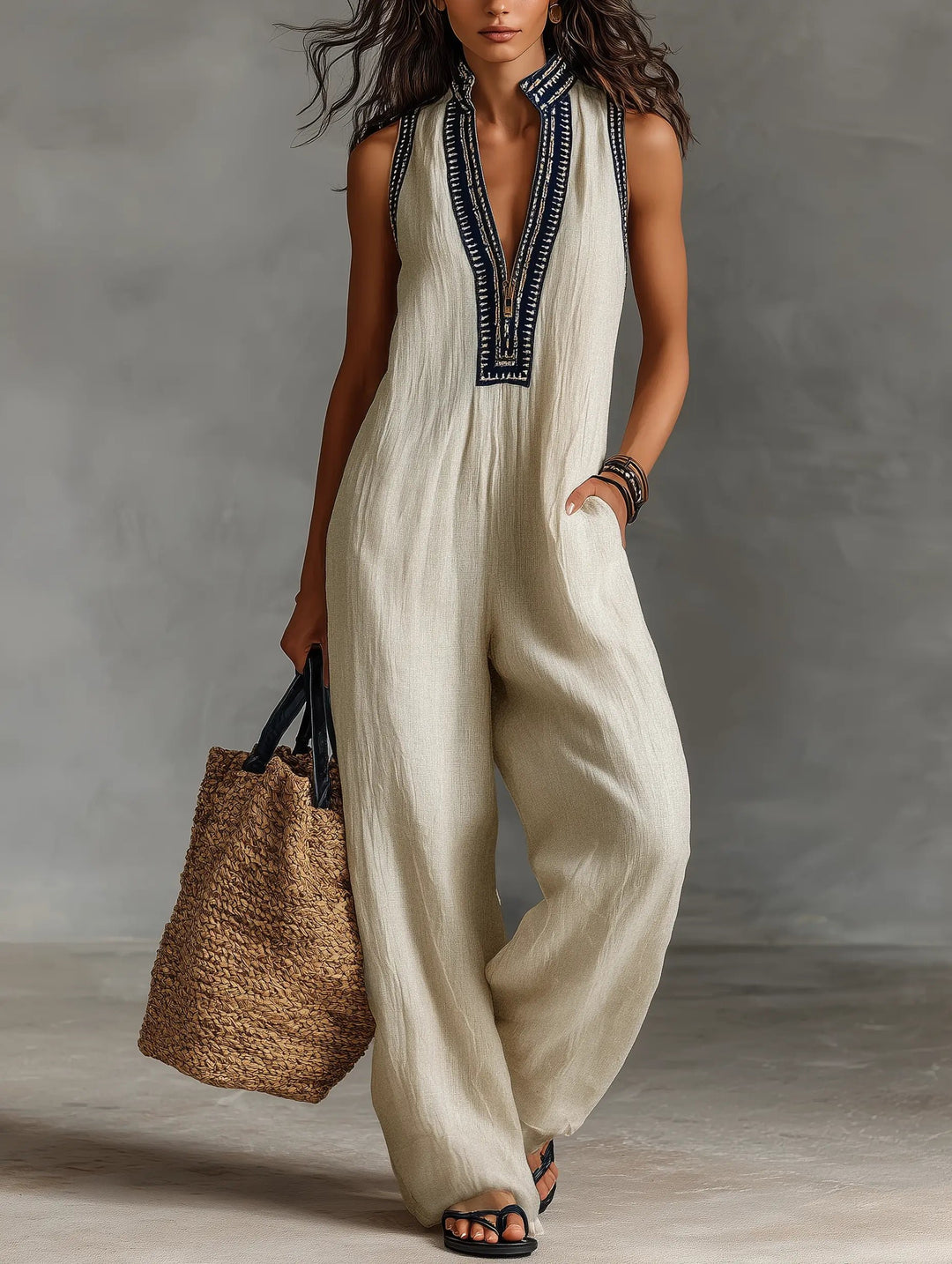 Women's Embroidered Linen Blend Sleeveless Wide-Leg Jumpsuit - Photo Color