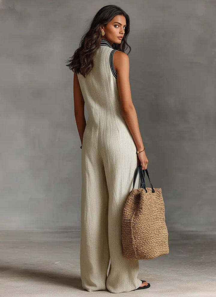 Women's Embroidered Linen Blend Sleeveless Wide-Leg Jumpsuit