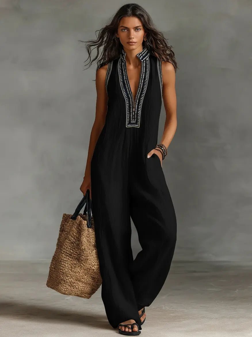 Women's Embroidered Linen Blend Sleeveless Wide-Leg Jumpsuit - Black