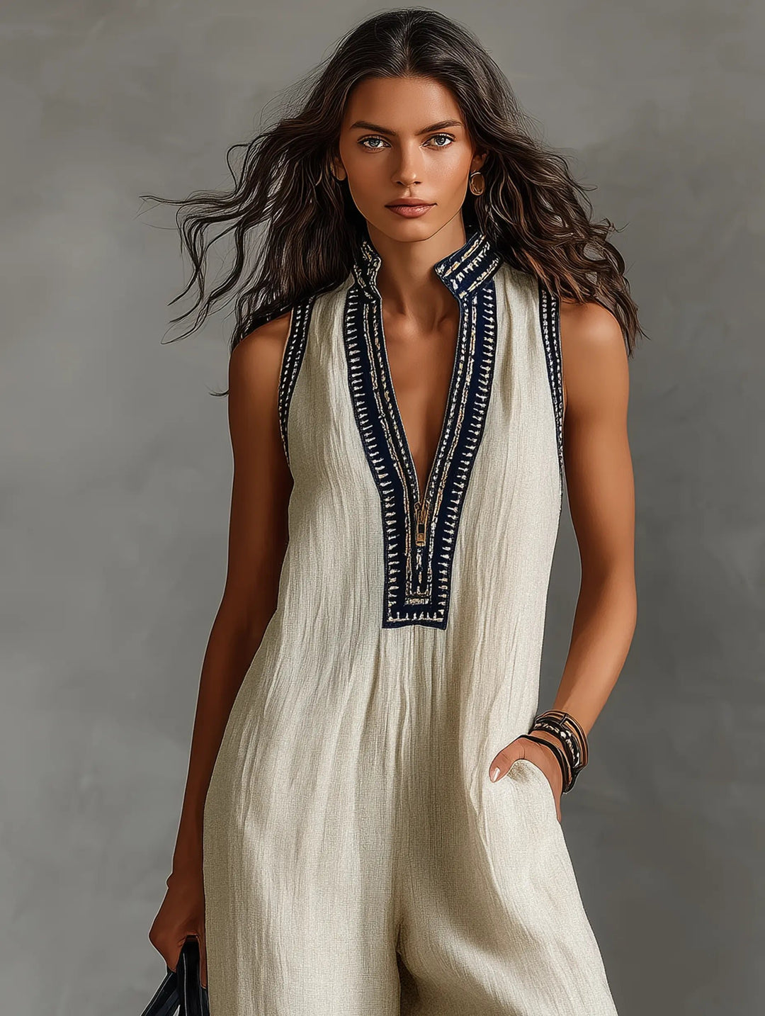 Women's Embroidered Linen Blend Sleeveless Wide-Leg Jumpsuit