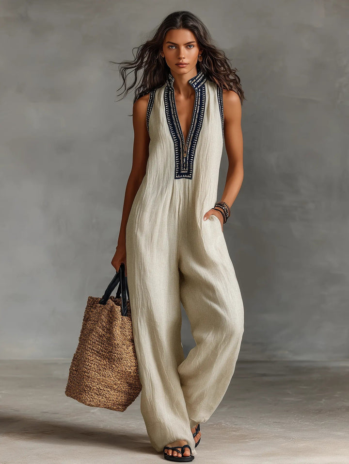 Women's Embroidered Linen Blend Sleeveless Wide-Leg Jumpsuit