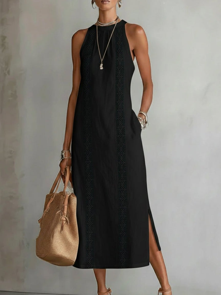 Women's Embroidered Sleeveless Round-Neck Midi Dress - Black