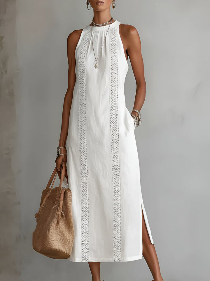Women's Embroidered Sleeveless Round-Neck Midi Dress - White
