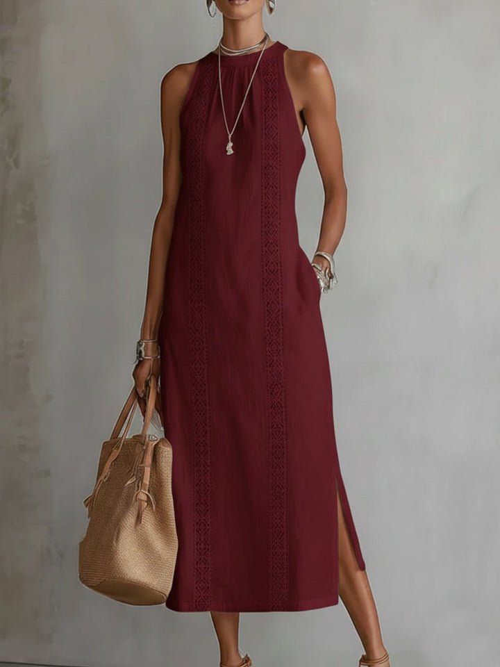Women's Embroidered Sleeveless Round-Neck Midi Dress - Red