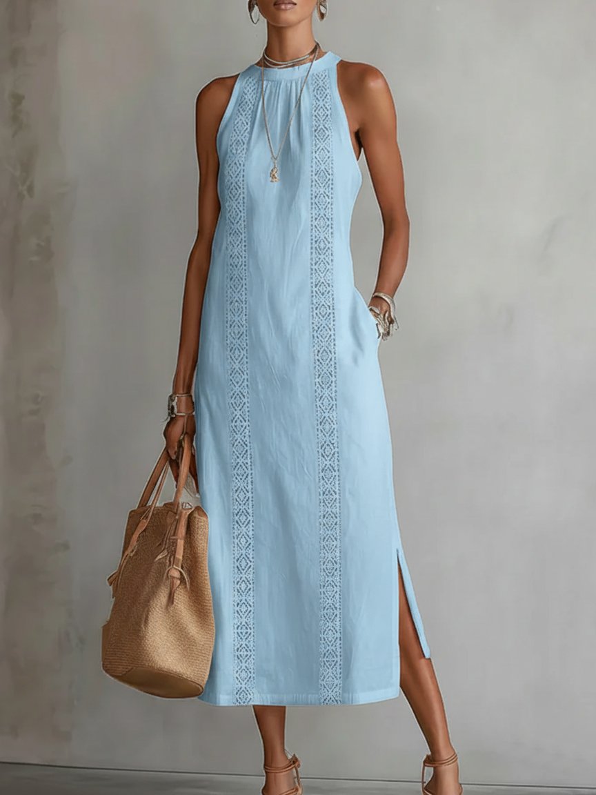 Women's Embroidered Sleeveless Round-Neck Midi Dress - Blue
