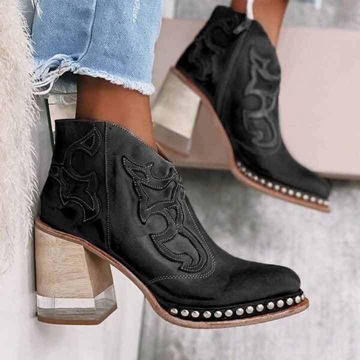 Women's Embroidered Western Cowboy Ankle Boots Block Heel Studded - Santafe Black
