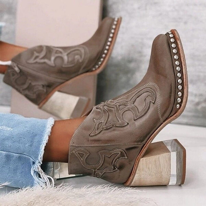 Women's Embroidered Western Cowboy Ankle Boots Block Heel Studded - Texan Brown