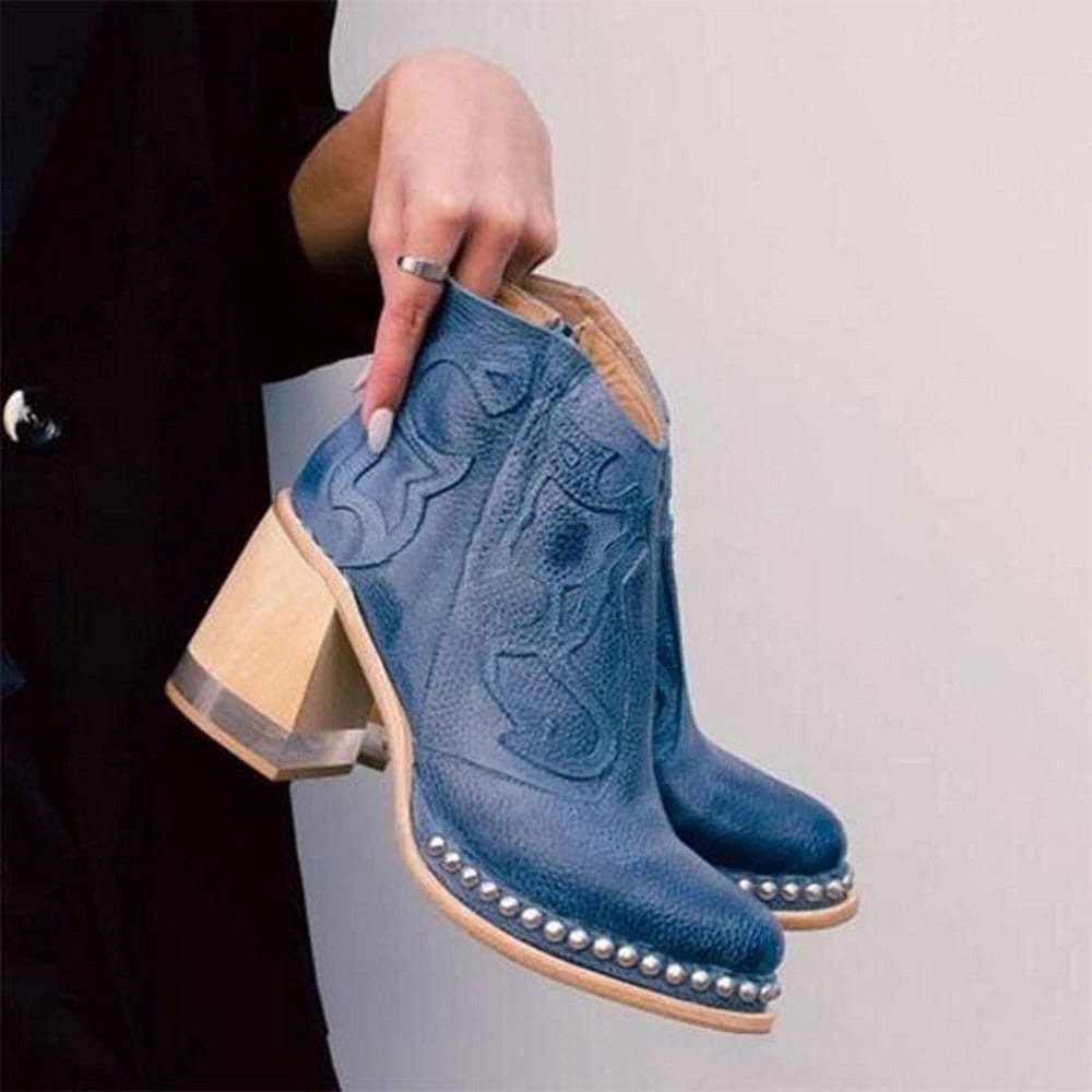 Women's Embroidered Western Cowboy Ankle Boots Block Heel Studded - Capri Blue