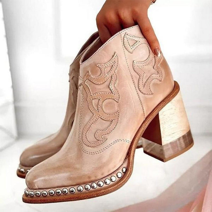 Women's Embroidered Western Cowboy Ankle Boots Block Heel Studded