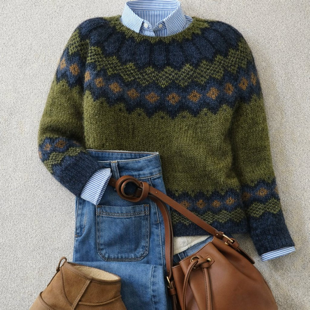 Women's Fair Isle Nordic Knit Relaxed Crewneck Sweater - Green