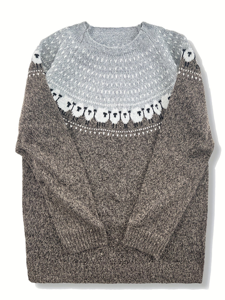 Women's Fair Isle Sheep Jacquard Thick Knit Pullover Sweater