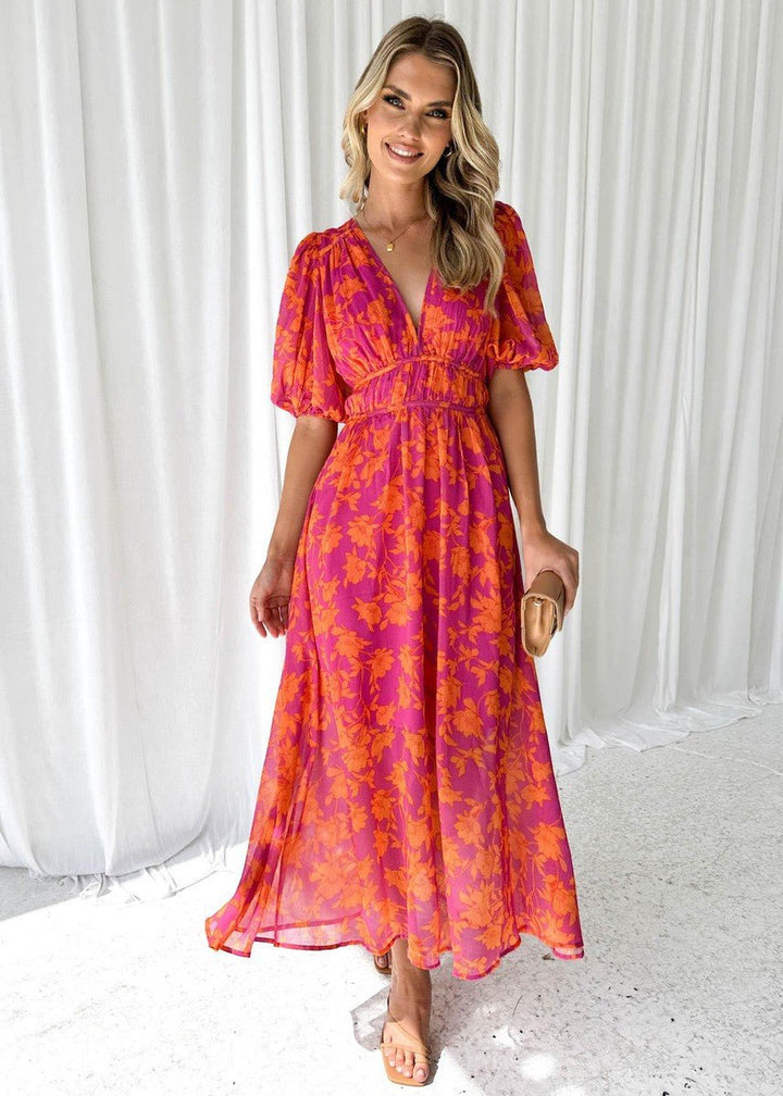 Women's Floral Chiffon Puff-Sleeve V-Neck Wedding Guest Maxi Dress - Oranje