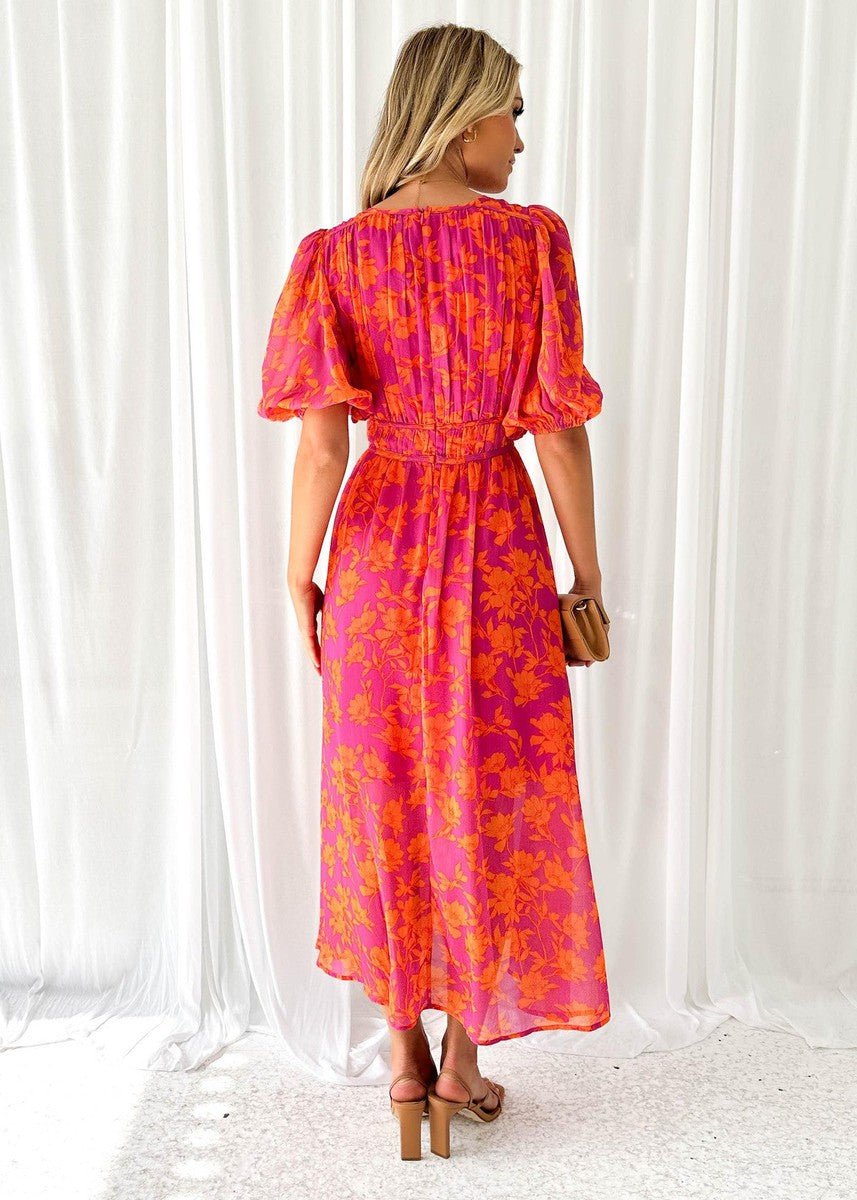 Women's Floral Chiffon Puff-Sleeve V-Neck Wedding Guest Maxi Dress