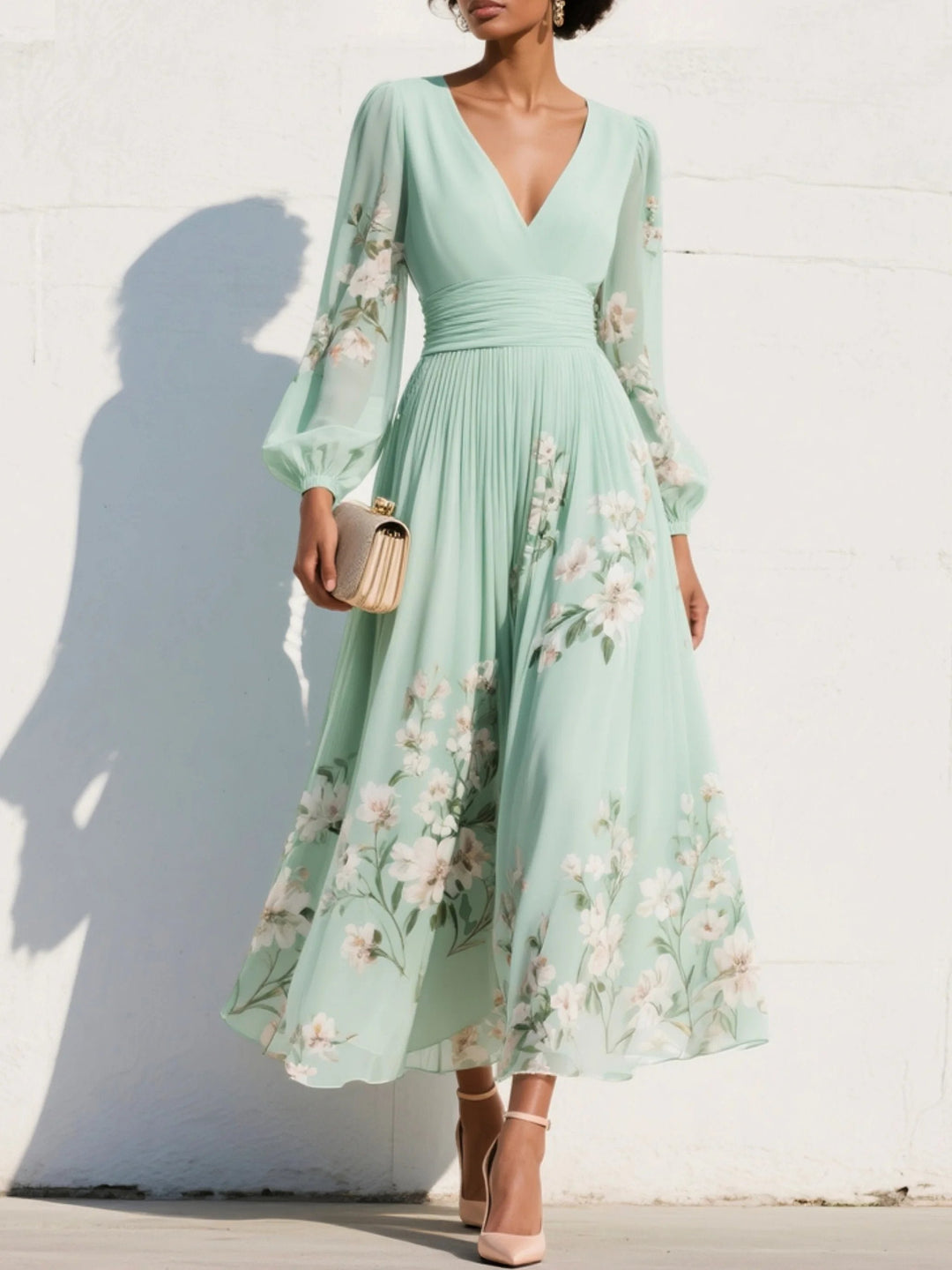 Women's Floral Chiffon V-Neck Balloon-Sleeve Midi Dress - Light Green