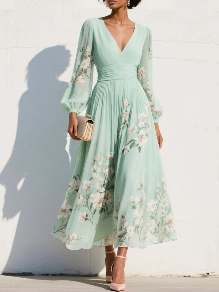 Women's Floral Chiffon V-Neck Balloon-Sleeve Midi Dress - Light Green