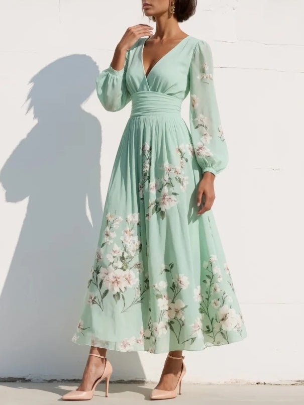 Women's Floral Chiffon V-Neck Balloon-Sleeve Midi Dress