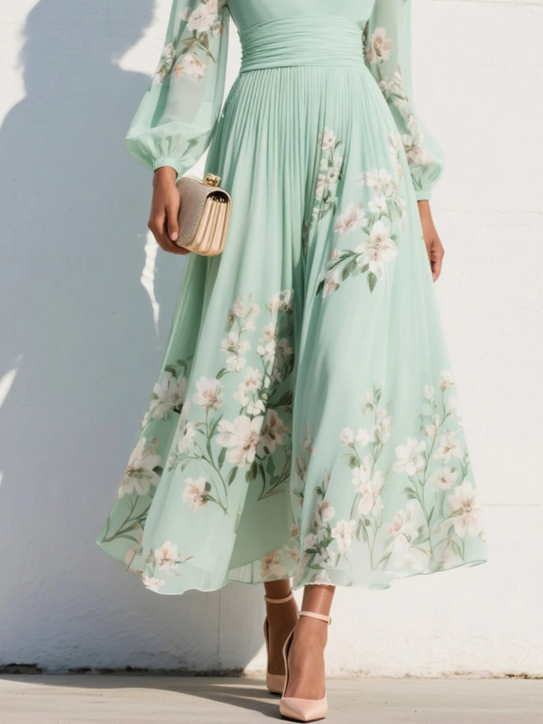 Women's Floral Chiffon V-Neck Balloon-Sleeve Midi Dress
