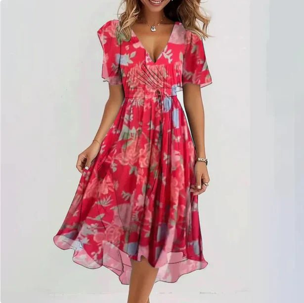 Women's Floral Chiffon V-Neck Wrap Midi Dress - Roze