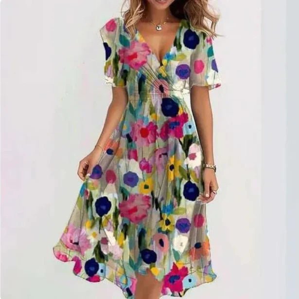 Women's Floral Chiffon V-Neck Wrap Midi Dress - Meerkleurig