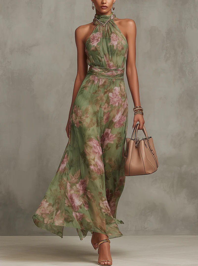 Women's Floral Halter Neck Sleeveless Maxi Dress - Green