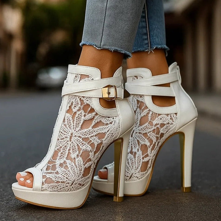 Women's Floral Lace Open-Toe Stiletto Heel Booties