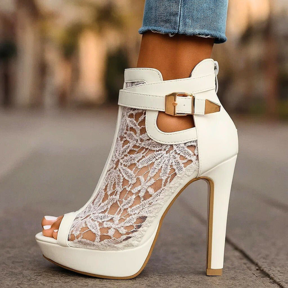 Women's Floral Lace Open-Toe Stiletto Heel Booties - Ivory White