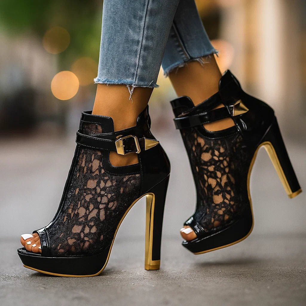 Women's Floral Lace Open-Toe Stiletto Heel Booties