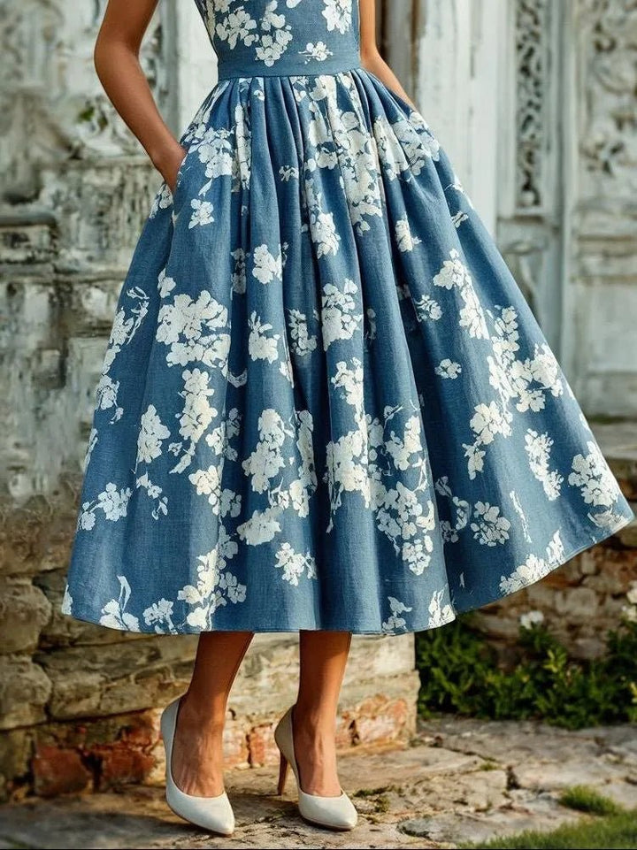 Women's Floral Pleated A-Line Sleeveless Midi Dress