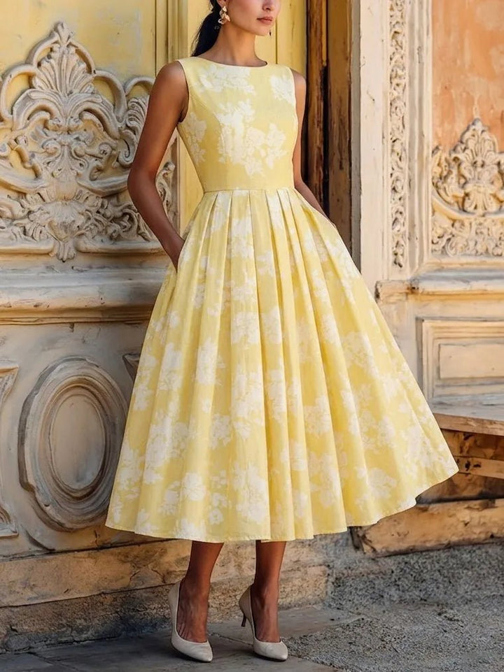 Women's Floral Pleated A-Line Sleeveless Midi Dress - Yellow