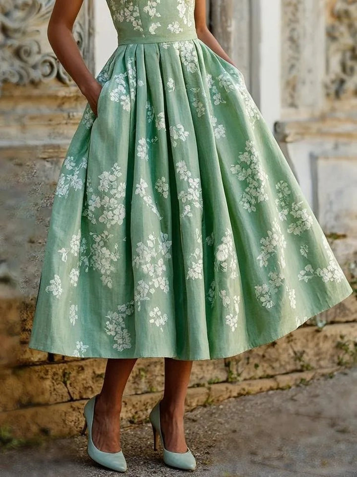 Women's Floral Pleated A-Line Sleeveless Midi Dress