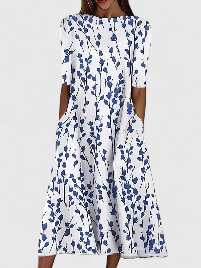Women's Floral Print Fit-and-Flare Half-Sleeve Midi Dress - Blue
