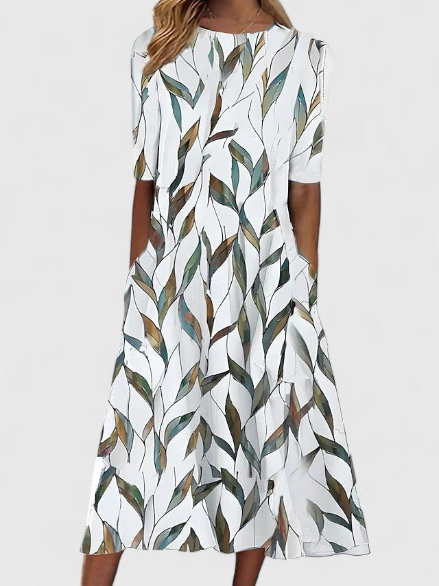 Women's Floral Print Fit-and-Flare Half-Sleeve Midi Dress - Green