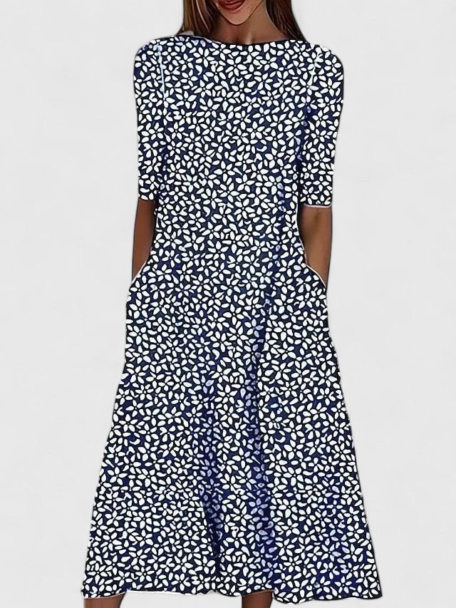 Women's Floral Print Fit-and-Flare Half-Sleeve Midi Dress - Dark Blue