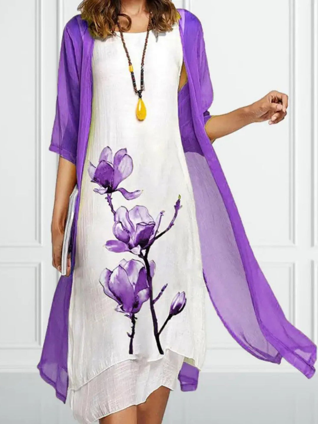 Women's Floral-Print Linen Midi Dress Sheer Chiffon Cardigan Two-Piece Set - Purple