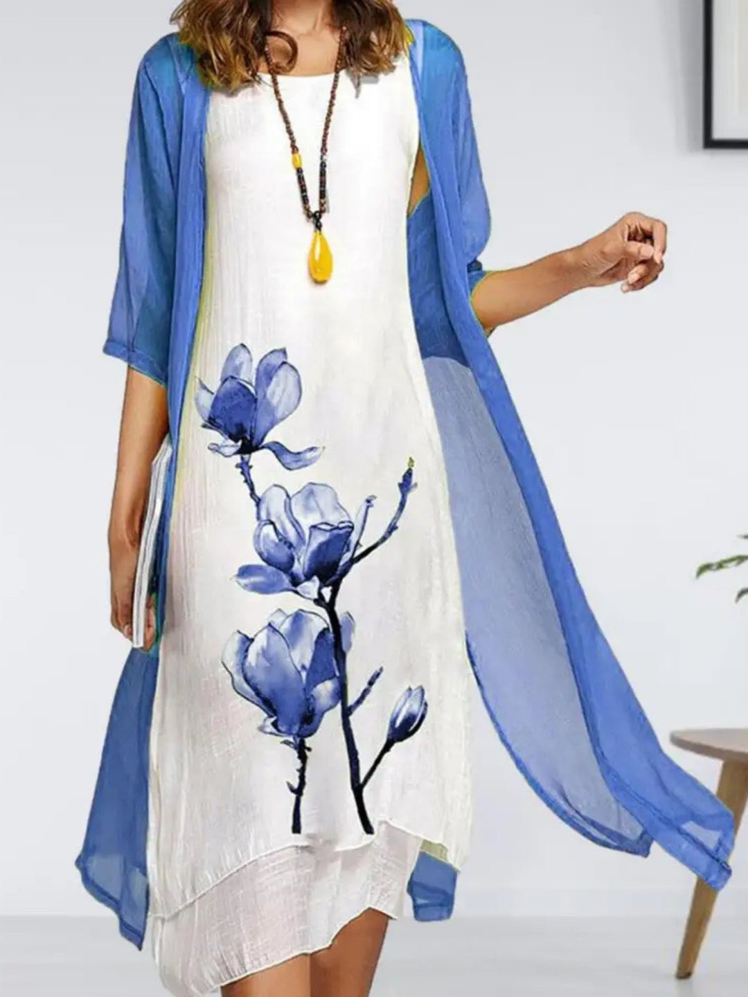 Women's Floral-Print Linen Midi Dress Sheer Chiffon Cardigan Two-Piece Set - Blue