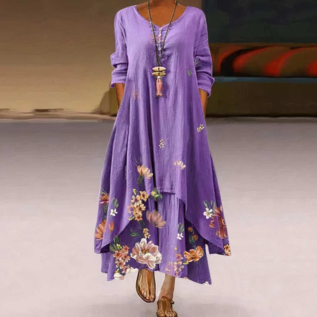 Women's Floral Print Long Sleeve Loose A-Line Maxi Dress - Lavender