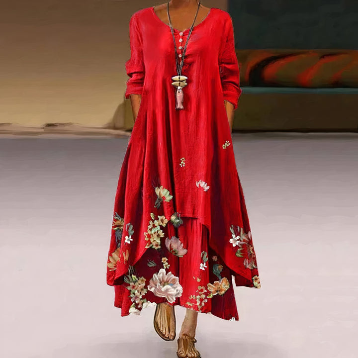 Women's Floral Print Long Sleeve Loose A-Line Maxi Dress - Red