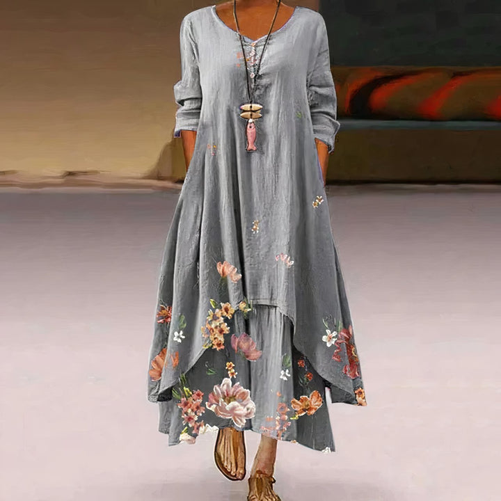 Women's Floral Print Long Sleeve Loose A-Line Maxi Dress - Light Gray