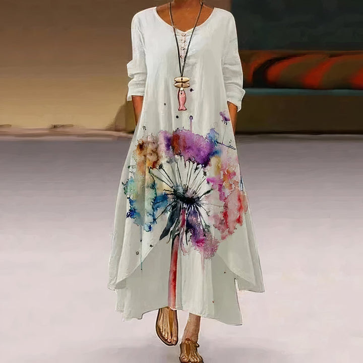 Women's Floral Print Long Sleeve Loose A-Line Maxi Dress - White 2