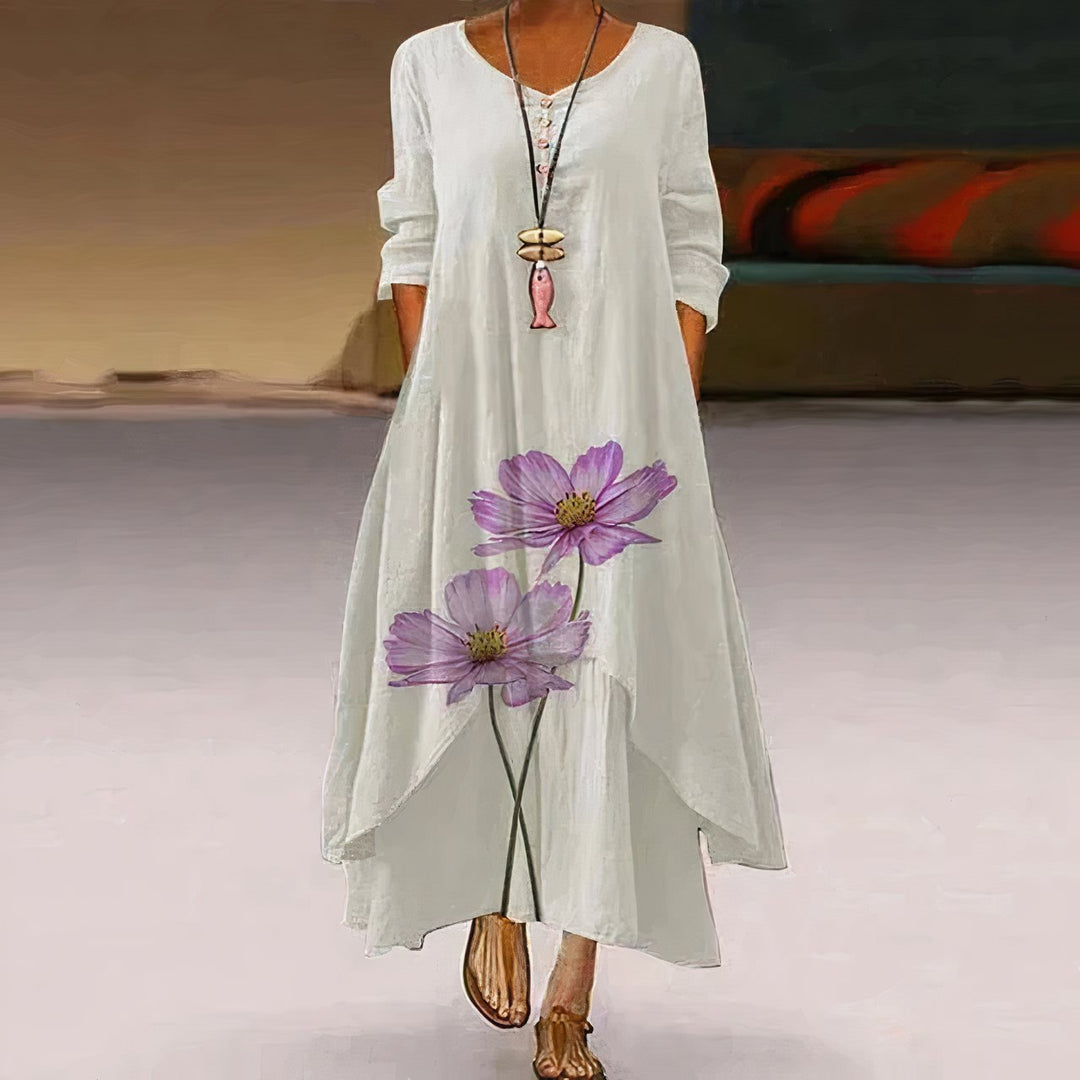 Women's Floral Print Long Sleeve Loose A-Line Maxi Dress - White 3