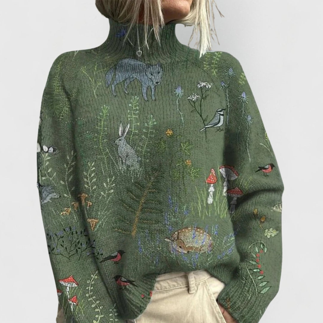 Women's Floral Print Relaxed-Fit Turtleneck Knit Sweater - Green