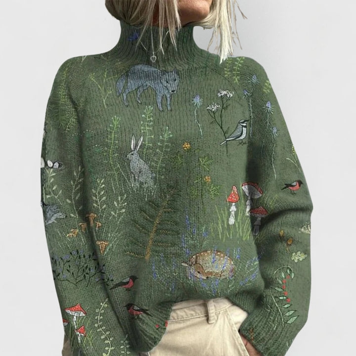 Women's Floral Print Relaxed-Fit Turtleneck Knit Sweater - Green